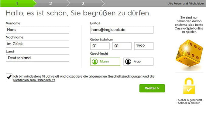 The first step when registering at this online casino is to enter the name and birthday.