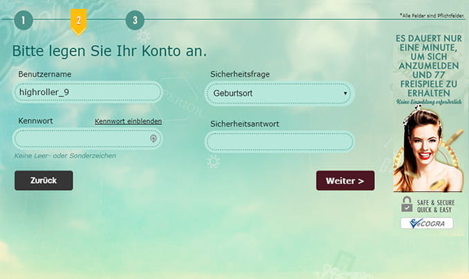 In the second step of the registration, the user must assign a user name, password, the security question and a security answer.