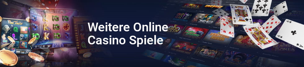 The picture shows a variety of online casino games, slots and playing cards.
